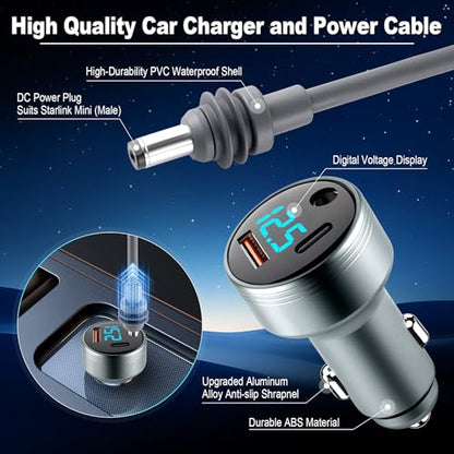 LivTee Car Adapter for Starlink Mini, 3-in-1 Car Charger and DC Power Cable with Cigarette Lighter Adapter, 12V-24V Digital Display, QC 3.0 30W and PD 45W Ports, 16AWG Cable for Car Accessories(10FT) - size: Starlink Adapter