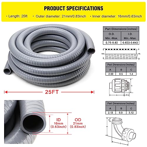 DWALE Liquid-Tight Conduit and Connector Kit,Flexible Non Metallic Liquid Tight Electrical Conduit,1/2inch 25ft Electrical Conduit Kit,with 8 Straight and 8 Angle Fittings Included,1/2 in. Dia - size: 25FT-1/2"