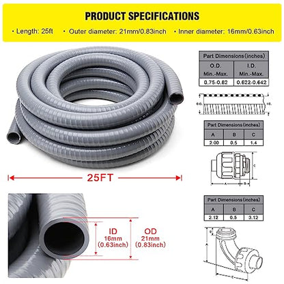 DWALE Liquid-Tight Conduit and Connector Kit,Flexible Non Metallic Liquid Tight Electrical Conduit,1/2inch 25ft Electrical Conduit Kit,with 8 Straight and 8 Angle Fittings Included,1/2 in. Dia - size: 25FT-1/2"