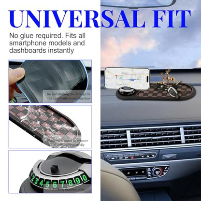 HZEL Car Dash Anti-Slip Pad, 3 in 1 Rotating Vehicle Dashboard Mat with Temporary Parking Number, Anti-Shake Auto Phone Sunglasses Keys Holder Organizer Pad, Universal Fit (Black/Brown) - color: Black/Brown