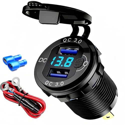 12V Flush Mount Car Charger, Aluminum Metal Body with LED Voltmeter and Switch, Dual QC3.0 USB Port for Marine, RV, Motorcycle & Panel Mounting (Black) - color: black