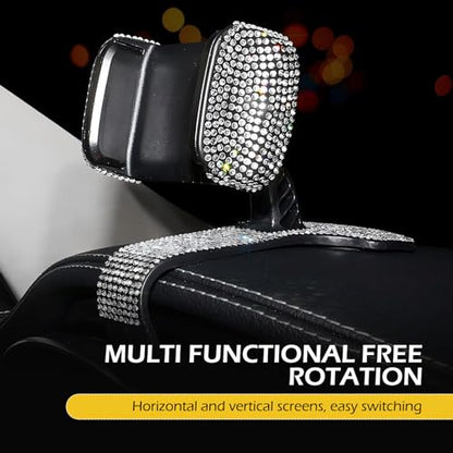 Phone Mount, 360 Degree Rotation Diamond-Encrusted Cell Phone Holder, Anti-Slip Silent GPS Mount for Sun Visor Rearview Mirror Dashboard, Universal One Hand Operation Design Clip (White) - color: White
