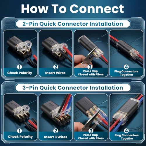 60Pcs Quick Connect Wire Connectors Kit, 50x 2-Pin & 10x 3-Pin Double Wire Plug in Connectors with Locking Buckle, Wire Connectors Push-in for LED Strip Lights, Automotive (Storage Box)