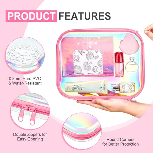 Hoolerry 4 Pcs Hard Clear Zipper Case,Clear,9.8 X 7.9 X 2 In,Pink Laser - color: Pink Laser, size: 9.8 x 7.9 x 2 in