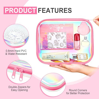 Hoolerry 4 Pcs Hard Clear Zipper Case,Clear,9.8 X 7.9 X 2 In,Pink Laser - color: Pink Laser, size: 9.8 x 7.9 x 2 in