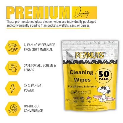 Snoopy Lens Wipes for Eyeglasses (3 Pack of 50) Disposable Eye Glasses Cleaner Wipes - Pre-Moistened Cleaner for Phone Screen, Camera & More - Scratch-Free & Streak-Free 6 x 5 Individually Wrapped - size: 50 Pack (Pack of 3)