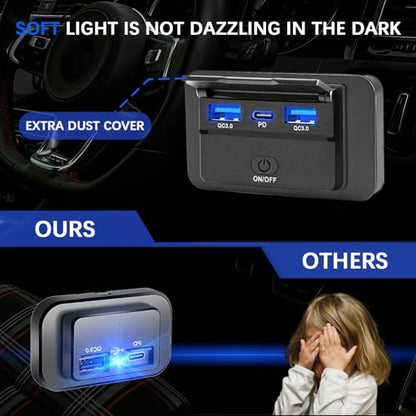 2PCS 72W 12V USB Outlet Wall Mount,36W USB C&Dual QC 3.0 18W Car USB Port Charger Socket Panel with Button Switch,Waterproof 3 USB Multi Port Power Outlet 12V for Car Bus RV Truck Marine