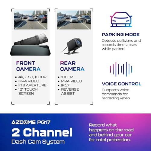 AZDOME PG17 2CH Mirror Dash Cam 4K - 12" Touch Screen - 24H Parking Mode - Mirror Dash Cam - Minimize Blind Spots - Built-in GPS & WiFi - Reverse Assist - Supports Voice Command