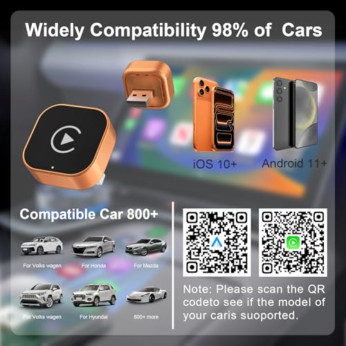 Wireless CarPlay Adapter for Apple iPhone & Android Auto, Mini CarPlay Adapter Convert Wired to Wireless,Plug & Play, Auto-Connect, No Delay, BT 5.4, 2.4G/5G WiFi [2026 Upgraded] - color: Orange