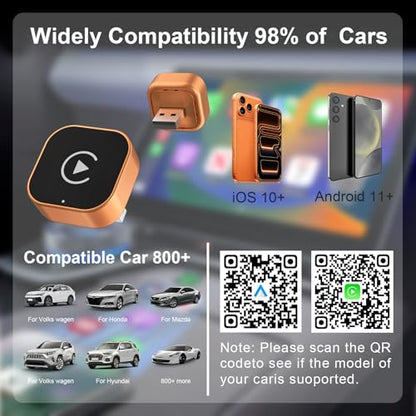 Wireless CarPlay Adapter for Apple iPhone & Android Auto, Mini CarPlay Adapter Convert Wired to Wireless,Plug & Play, Auto-Connect, No Delay, BT 5.4, 2.4G/5G WiFi [2026 Upgraded] - color: Orange