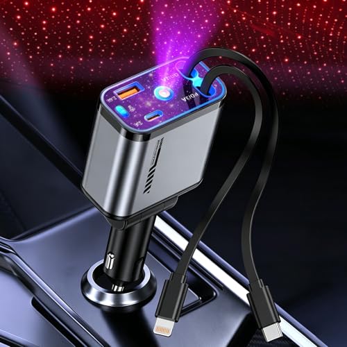 Retractable Car Charger 120W Fast Charging with Starlight,4 in 1 Universal Car Phone Charger,Built-in Type-C & Applehead Cable,Car Road Trip Retractable Accessory for iPhone,IPad,Samsung Galaxy,Pixel
