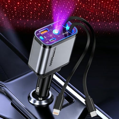 Retractable Car Charger 120W Fast Charging with Starlight,4 in 1 Universal Car Phone Charger,Built-in Type-C & Applehead Cable,Car Road Trip Retractable Accessory for iPhone,IPad,Samsung Galaxy,Pixel