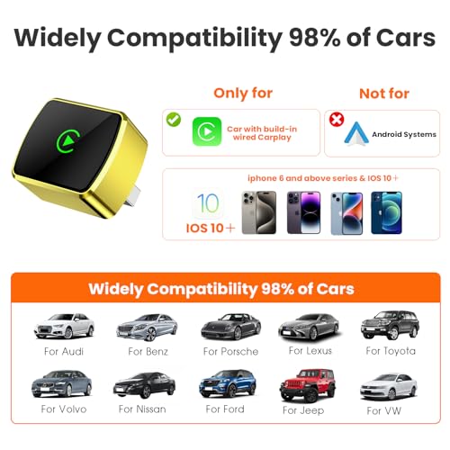 Wireless CarPlay Adapter for iPhone - Plug and Play, Converts Wired to Wireless, Stable Connection Without Delay, Compatible with iOS 10+ & 800+ Car Models, Not for Android 2025 (Gold)