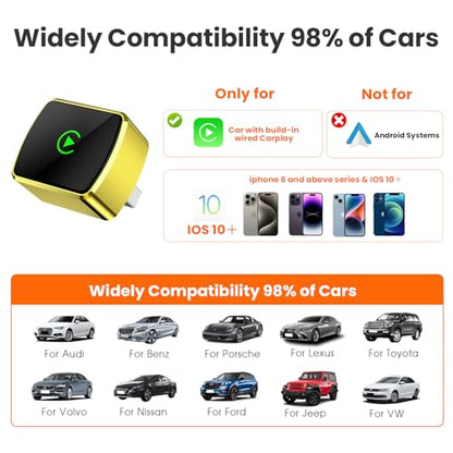 Wireless CarPlay Adapter for iPhone - Plug and Play, Converts Wired to Wireless, Stable Connection Without Delay, Compatible with iOS 10+ & 800+ Car Models, Not for Android 2025 (Gold)