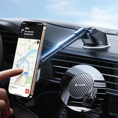 【Military-Grade】andobil 3 in1 Magnetic Phone Holder for Car Dashboard Windshield Vent 【Upgrade Suction & Strongest Magnet】Retractable for MagSafe Car Mount Mats for iPhone 17 16 15 14 Pro Max Sumsung - color: dashboard-black