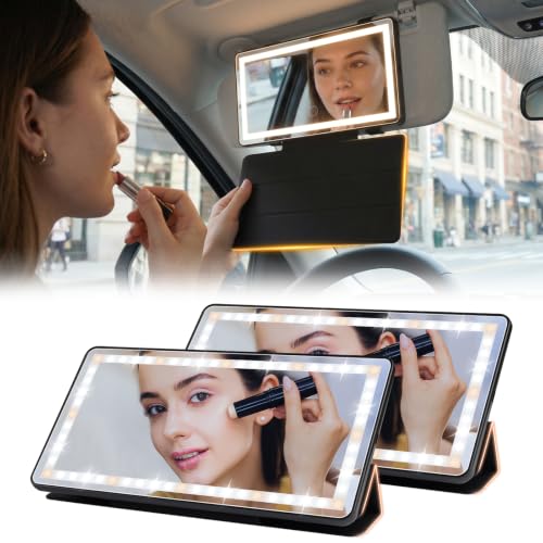 2PCs Car Sun Visor Vanity Mirror with Protective Cover, LED Makeup Mirror with 3 Light Modes, Dual Rechargeable Dimmable Touch Control Travel Vanity Mirrors, Universal for Car Truck SUV - color: Black-2Pcs