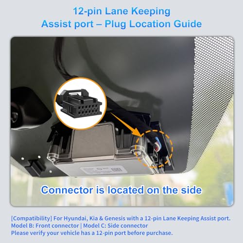 DashCam Power Adapter for Hyundai, Kia & Genesis with 12-Pin Lane Keeping Assist Port (Model C)– Hidden Cable Kit for GPS Radar Mirror Camera, Plug & Play,Connector Located on the Side of the Module - style: 12-Pin connector is located on the side