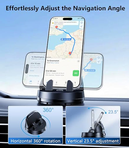 Car Dashboard Phone Holder Mount, 360 °Rotating Curved Dash Automatic Clamping Cell Phone Mount with Adaptive Adhesive Base, Multifunctional Accessories, Fit for iPhone, Samsung, Google, GPS
