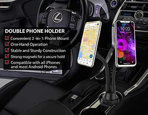 Dual Phone Holder for Car Cup Holder – Long Flexible Neck, 360° Rotatable Car Phone Mount - Adjustable Cell Cup Holder, Universal Size Fits 2 iPhone, Samsung, GPS and More (Magnetic) - style: Magnetic Holders