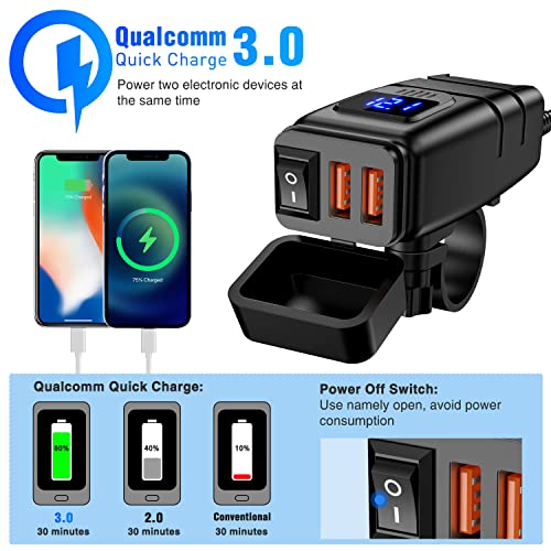 Nilight Motorcycle Charger with 12V Voltmeter Independent On Off Switch SAE USB Adapter Inline 10A Fuse Waterproof 6.8A Dual QC3.0 Fast Charging Phone Tablet for 7/8inch Handlebar ATV - color: USB Charger Motorcycle