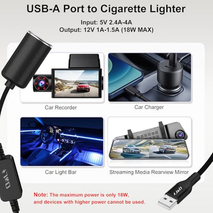 J&D USB A Male to 12V Car Cigarette Lighter Socket Female Converter Cable, 1 ft, 12V 18W Power Adapter, Compatible with Dash Cam, GPS, Car LED Light Strips, Black - color: Black, size: 1 Feet/ 30 CM
