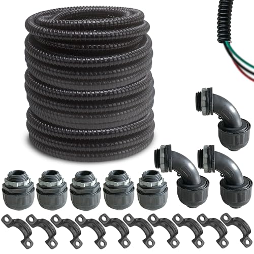 (1/2" Dia * 100 Feet) Yariwiz Black Special Extra Flexible Electrical Conduit Liquid Tight PVC Conduit Kit with 5 PCS Coupling, 5 PCS Elbow and 10 PCS Strap, Sealtight Seal Flex Liquidtight Wire - style: 1/2 inch-100ft-Kit