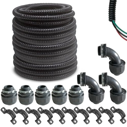 (1/2" Dia * 100 Feet) Yariwiz Black Special Extra Flexible Electrical Conduit Liquid Tight PVC Conduit Kit with 5 PCS Coupling, 5 PCS Elbow and 10 PCS Strap, Sealtight Seal Flex Liquidtight Wire - style: 1/2 inch-100ft-Kit