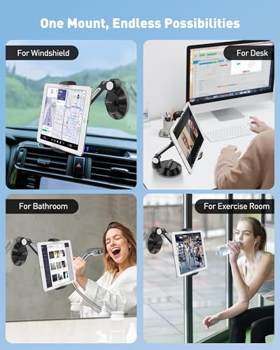 AboveTEK iPad Suction Mount, Phone Tablet Stand Holder with Suction Cup Fits 4"-11" Tablet/Phone/iPad mini/Air, Sticky iPads Mount on Window Bathroom Mirror, for Car Truck Windshield Boat (Black) - color: Black