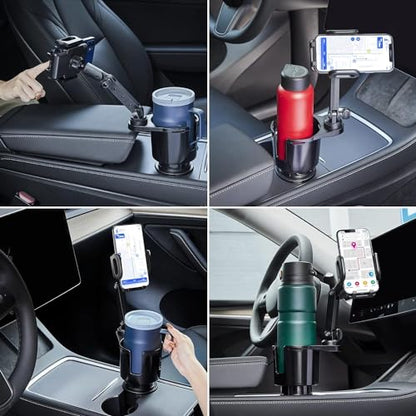 This Hill Car Cup Holder Expander Adjustable Base with Phone Mount 360° Rotation Cup Holder Cell Phone Holder for Car Compatible with iPhone All Smartphones