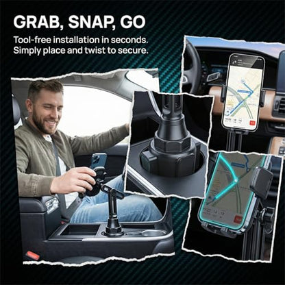 Guilcam Cup Phone Mount for Car, 360° Rotation Carbon Fiber Automotive Cup Smartphone Holder, Adjustable Neck Long Arm Vehicle Cellphone Expander Cradle Holder, Universal Fit