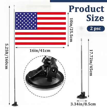 2 Pack Suction Cup Car Flag Pole Kit with Double Sided USA Flag, Adjustable 180° 1.5-5.25 ft Stainless Steel Telescopic Flagpole Holders, Strong Vehicle Mount for Trucks, Cars, Rvs, Boat - style: USA Flag