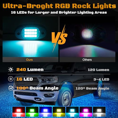 8 Pods RGB LED Rock Lights Kit with APP Control, Multi-Color 175° Beam Angle Car Underglow for Trucks, Waterproof Music Mode, Neon Underbody Lights for Jeep UTV SUV ATV Boat Golf Cart Exterior