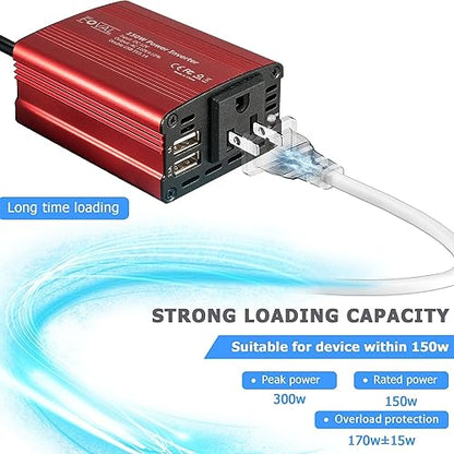 FOVAL 150W Car Power Inverter 12V DC to 110V AC Converter Vehicle Adapter Plug Outlet with 3.1A Dual USB Car Charger for Laptop Computer (Classic Red) - color: Classic Red