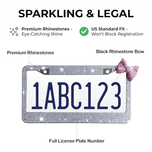Wanheart 1 Pack White Bling License Plate Frame with Pink Corner Bow - color: White Frame + Pink Bow