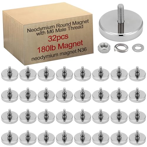 Flutesan 32 Pieces Heavy Duty Round Mounting Magnet with Bolt 1.65in-180lb-M6 Silver with Male Thread Stud Strong Magnet Super Powerful for Lighting Camera Brackets License Plate - size: 1.65in-180lb-m6