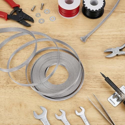 NBEADS 32.8ft 304 Stainless Steel Braided Cable Sleeve, 0.39 Inch Wide Stainless Steel Color Flat Tinned Braided Ground Wire Mesh, Flexible Shielding Sleeve for Cables - size: 32.8ft X 0.39 Inch