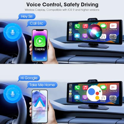 Haudio 10.26" Portable Wireless Apple CarPlay Screen for Car, Wireless Android Auto Touch Screen with 1080P Dash Cam & Backup Camera, GPS Navigation, Bluetooth 5.0, Voice Control, FM, Plug and Play - size: 10.26 inch