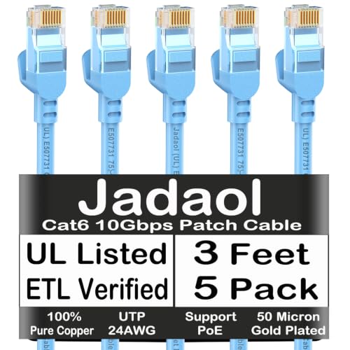 Jadaol [UL Listed] Cat 6 Ethernet Cable 3 ft 5Pack 10Gbps 24AWG PoE++, Blue - color: Blue, size: 3ft, style: Round