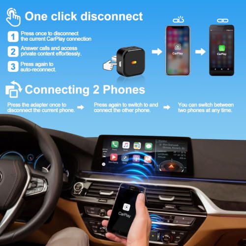 2 in 1 Wireless CarPlay and Android Auto Adapter, Easy Setup Plug and Play, 1-Click Multi-Device Switch, Fast Auto Reconnect, OTA Upgrade, USB‑C, for iOS 10+/Android 11+ & Factory Wired CarPlay Cars