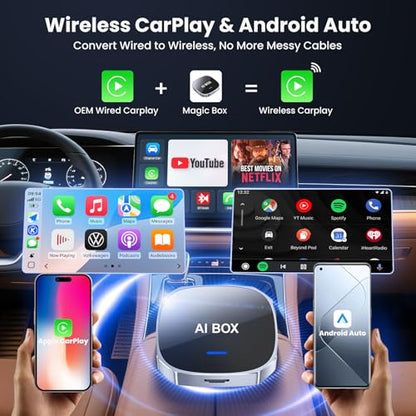 2-in-1 Wireless Apple CarPlay&Android Auto Adapter 2026, Magic AI Box Streaming Dongle Support Netflix/YouTube, Plug&Play, Car Play Wireless Adapter, Only Fit for Cars with Wired CarPlay/Android Auto