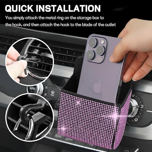 Car Vent Storage Organizer, Rhinestone Auto Air Vent Leather Storage Pouch, Bling Automotive Hanging Bag Pocket Case, Universal Car Mount Cell Phone Sunglasses Coin Holder (Pink) - color: Pink