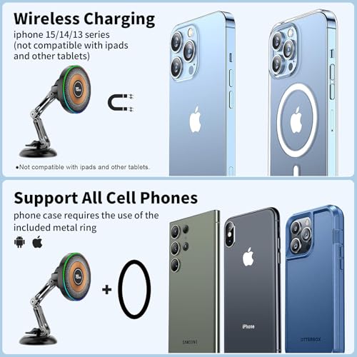 ZBF Magnetic Phone Holder for Car,15W Wireless Fast Charging for MagSafe Car Mount Vacuum Suction Cup Dashboard Windshield Phone Mount for Car 360°Adjustable Magnetic Mount for Women Men iPhone 17/16 - style: Upgraded Mount