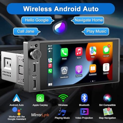 Single Din Touchscreen Radio Wireless Apple Car Play Wireless Android Auto, 6In Single Din Car Stereo with Mirror Link Bluetooth FM GPS Navigation SWC EQ