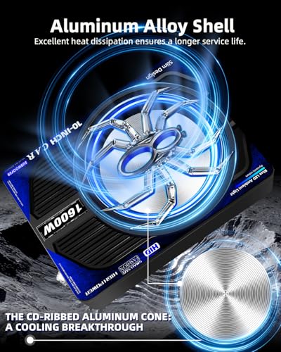 1600W Slim Underseat Car Subwoofer and Amp Package, Powered Subwoofer Car Audio with Built-in Class D Amplifier, Subsonic Deep Bass, Cast Aluminum, LED Ambient Light Switch,for Truck SUV Car