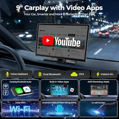 LAMTTO 9" Apple CarPlay Screen with Backup Camera & Streaming Apps