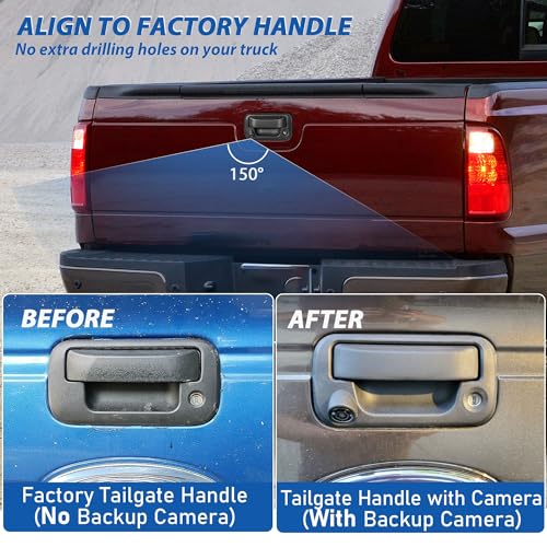 EWAY Tailgate Handle Rear Backup Camera for 2004-2016 Ford F150 F250 F350 F450 F550 Super Duty Explorer Lobo, Lincoln Mark LT Tailgate Latch Door Handle Reverse Back Up Camera RCA Connector w/Key Hole