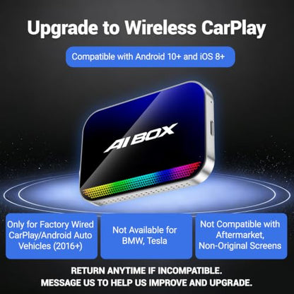 AI Box Wireless CarPlay Adapter,Magic Box with YouTube TikTok, Built-in Play Store and Screen Mirroring, Plug and Play Wireless Adapter for OEM Factory Wired CarPlay Vehicles
