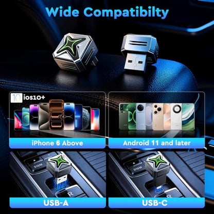 Elrina 2026 New-Gen Wireless CarPlay Adapter with Button Control, 5s Fast Auto-Reconnect Ultra Mini Wired to Wireless Plug & Play Adapter for iPhone & Android Auto, Stable 5.8GHz WiFi, Bluetooth 5.4