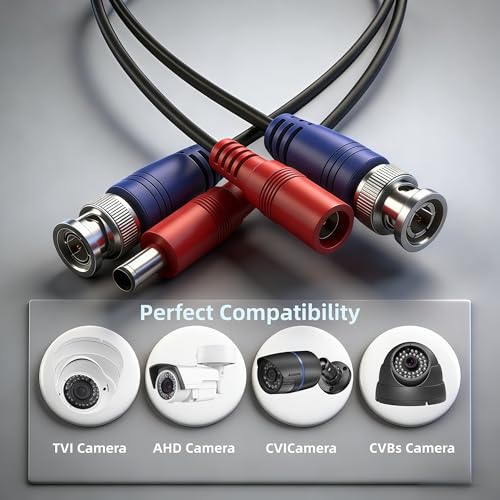 2 Pack 16.4ft (5M) BNC Video Cable Wire, 4mm Thickened Security Camera Extension Cable, All-in-One Siamese CCTV Power Cable for DVR, Includes 4 BNC Connectors & 100 Cable Clips - size: 16.4ft