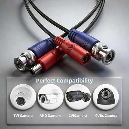 4 Pack 16.4ft (5M) BNC Video Cable Wire, 4mm Thickened Security Camera Extension Cable, All-in-One Siamese CCTV Power Cable for DVR, Includes 8 BNC Connectors & 100 Cable Clips - size: 16.4ft